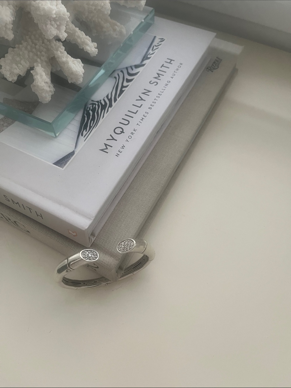 John Hardy Silver Open Cuff with WHITE Pavé Ends